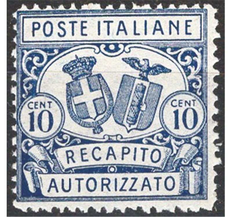 1928 - Recapito autorizzato 10 c. azzurro dent. 14, n° 2. Cat. € 50 (**)