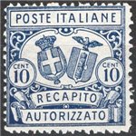 1928 - Recapito autorizzato 10 c. azzurro dent. 14, n° 2. Cat. € 50 (**)