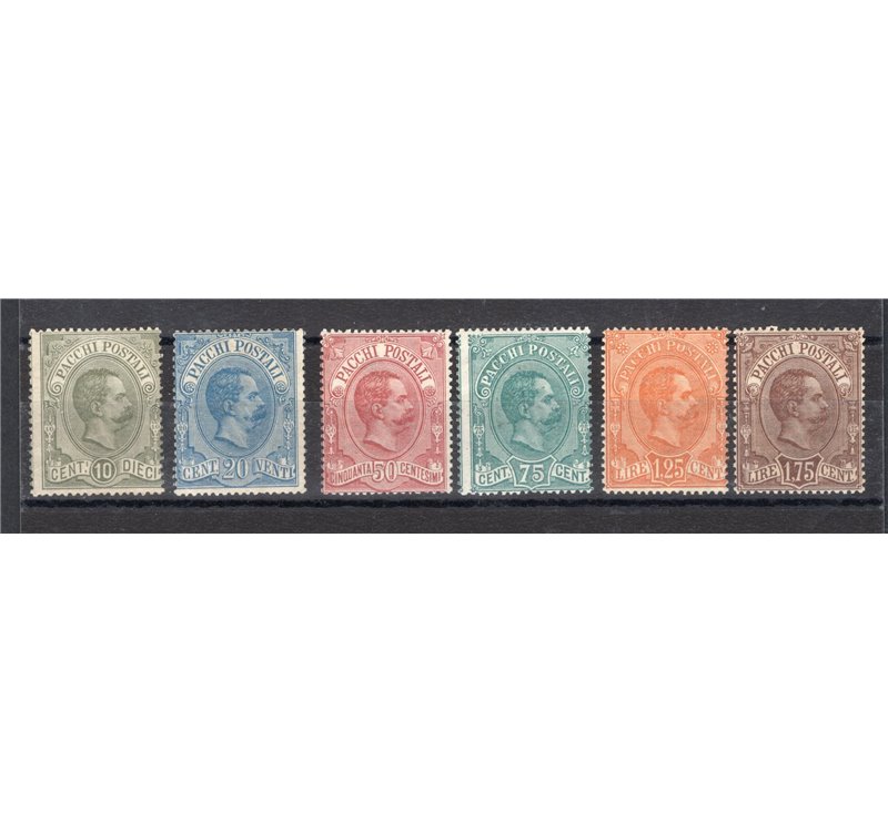 1884/86 - Pacchi postali Umberto I, serie n° 1/6. Cert.: IC. Cat. € 1.358 (**) 