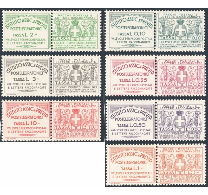 1936 - Francobolli assicurativi per pacchi postali e lettere raccomandate, la serie n° 10/16. Cert.: IC. Cat. € 8.275 (**)