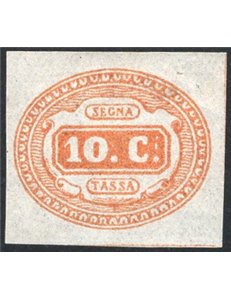 1869 - Segnatasse cifra in ovale 10 c. giallo, n° 1. Firm.: AD. Cert.: Apicella. Cat. € 2.600 (*)