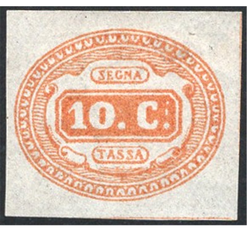 1869 - Segnatasse cifra in ovale 10 c. giallo, n° 1. Firm.: AD. Cert.: Apicella. Cat. € 2.600 (*)