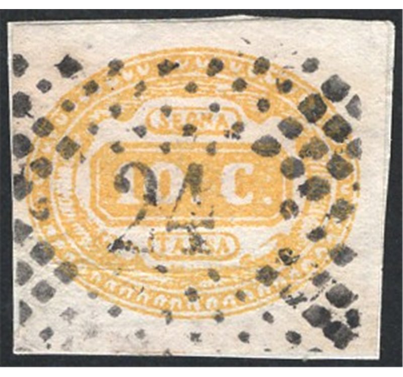 1869 - Segnatasse cifra in ovale 10 c. giallo su frammento con numerale “24”, n° 1. Cert.: IC. Cat. € 300 (U)