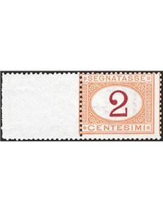 1870 - Segnatasse cifra 2 c. bordo di foglio ocra e violetto scuro (cifra 2), n° 4/I. Cert.: IC. Cat. € 750 (**)