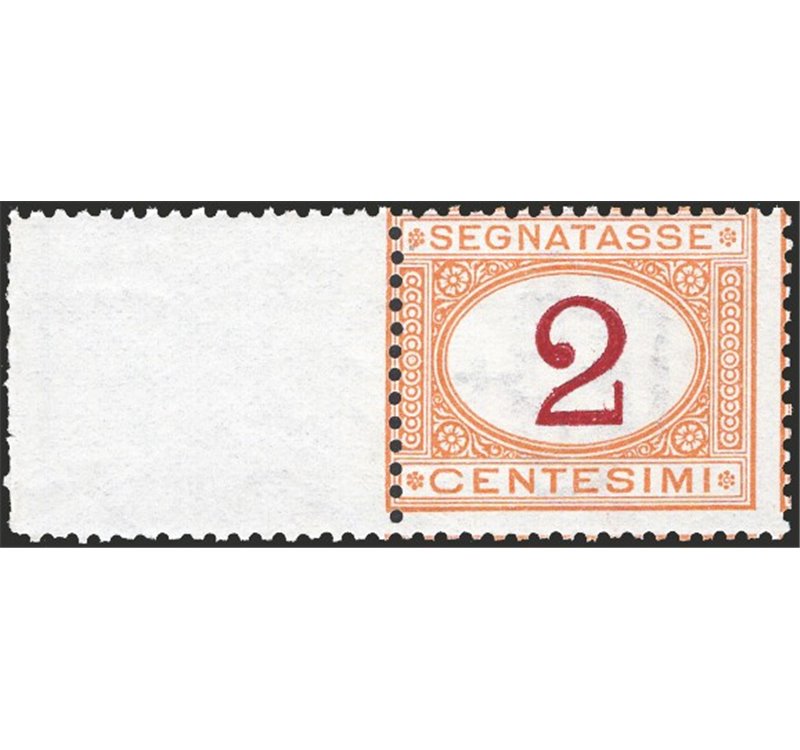 1870 - Segnatasse cifra 2 c. bordo di foglio ocra e violetto scuro (cifra 2), n° 4/I. Cert.: IC. Cat. € 750 (**)