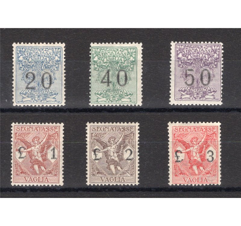 1924 - Segnatasse vaglia soggetti allegorici, n° 1/6. Cert.: IC. Cat. € 1.125 (**)