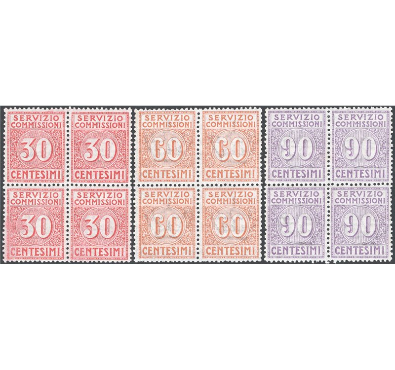 1913 - Servizio commissioni, serie n° 1/3 in quartina. Cert.: IC. Cat. € 3.750 (**)
