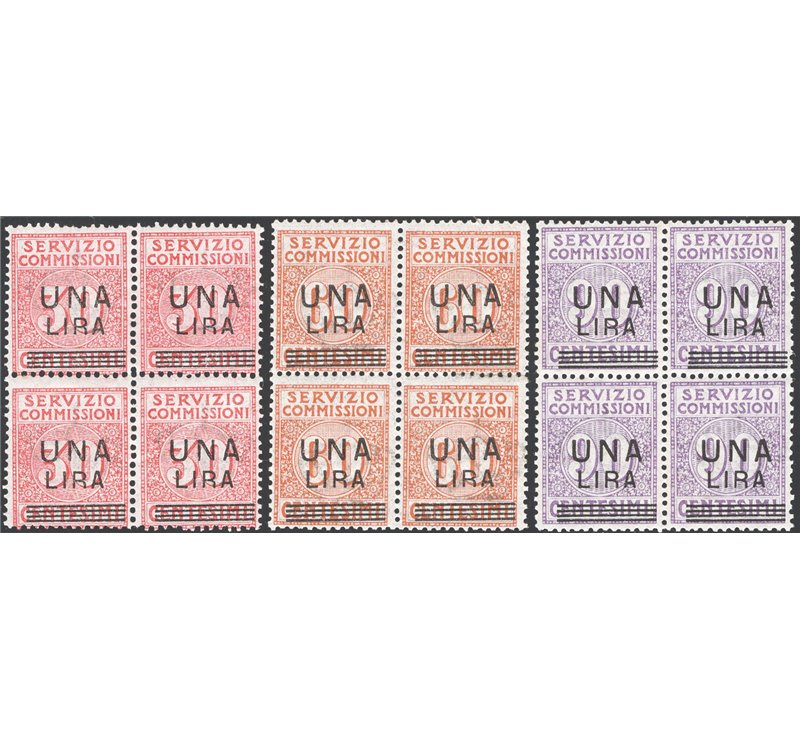 1913 - Servizio commissioni, serie n° 4/6 in quartina. Cert.: IC. Cat. € 4.250 (**)