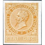 1874 - Ricognizione postale 10 c., prova d'archivio su carta bianca non filigranata, n° P.1. Cert.: Biondi. Cat. € 975 (**)