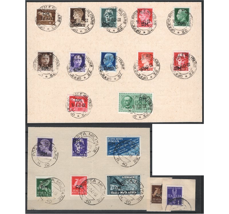 1942 - Posta militare, la serie n° 1/20 su frammenti con annulli originali di “POSTA MILITARE 10”. Cat. € 400 (U/Fr).