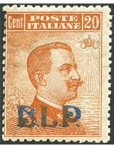 1921 - BLP 20 c. arancio con soprast. 1° tipo, n° 2. Cert.: Biondi. Cat. € 5.000 (**)