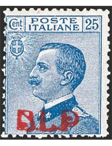 1921 - BLP 25 c. azzurro con soprast. 1° tipo in rosso, n° 3. Firm.: AD - Chia. Cert.: IC. Cat. € 1.400 (**)