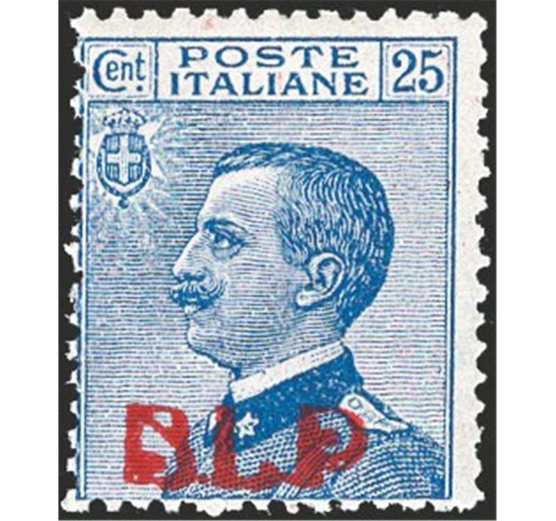1921 - BLP 25 c. azzurro con soprast. 1° tipo in rosso, n° 3. Firm.: AD - Chia. Cert.: IC. Cat. € 1.400 (**)