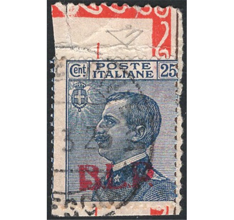 1921 - BLP 25 c. azzurro con soprast. 1° tipo in rosso, n° 3 su frammento di busta BLP. Firm.: ED. Cert.: IC. Cat. € 450 (U)
