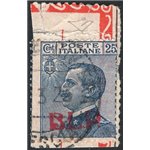 1921 - BLP 25 c. azzurro con soprast. 1° tipo in rosso, n° 3 su frammento di busta BLP. Firm.: ED. Cert.: IC. Cat. € 450 (U)