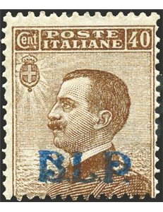1921 - BLP 40 c. bruno con soprast. 1° tipo, n° 4. Cert.: Biondi. Cat. € 550 (**)