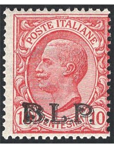 1921 - BLP 10 c. rosa con soprast. litografica 2° tipo in nero, n° 5. Firm.: AD - ED. Cert.: IC. Cat. € 650 (**)