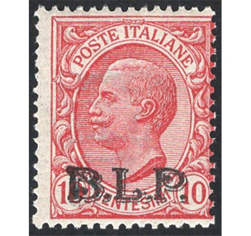 1921 - BLP 10 c. rosa con soprast. litografica 2° tipo in nero, n° 5. Firm.: AD - ED. Cert.: IC. Cat. € 650 (**)