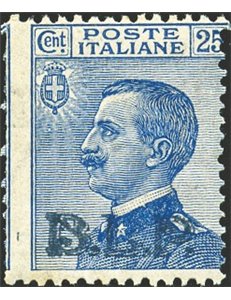 1922/23 - BLP 25 c. azzurro con soprast. 2° tipo, n° 8. Cert.: Biondi. Cat. € 550 (**)