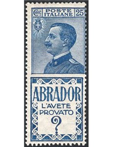 1924 - Pubblicitari Abrador 25 c., n° 4. Firm.: Chia. Cert.: IC. Cat. € 600 (**)