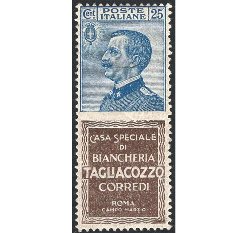 1924/25 - Pubblicitari Michetti 25 c. azzurro Tagliacozzo, n° 8. Firm.: Raybaudi. Cert.: IC. Cat. € 3.600 (**)