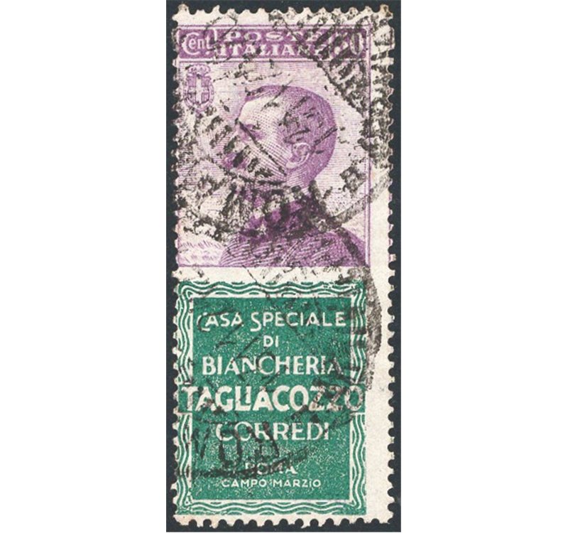 1925 - Pubblicitari Tagliacozzo 50 c., n° 17. Cert.: IC. Cat. € 1.400 (U)