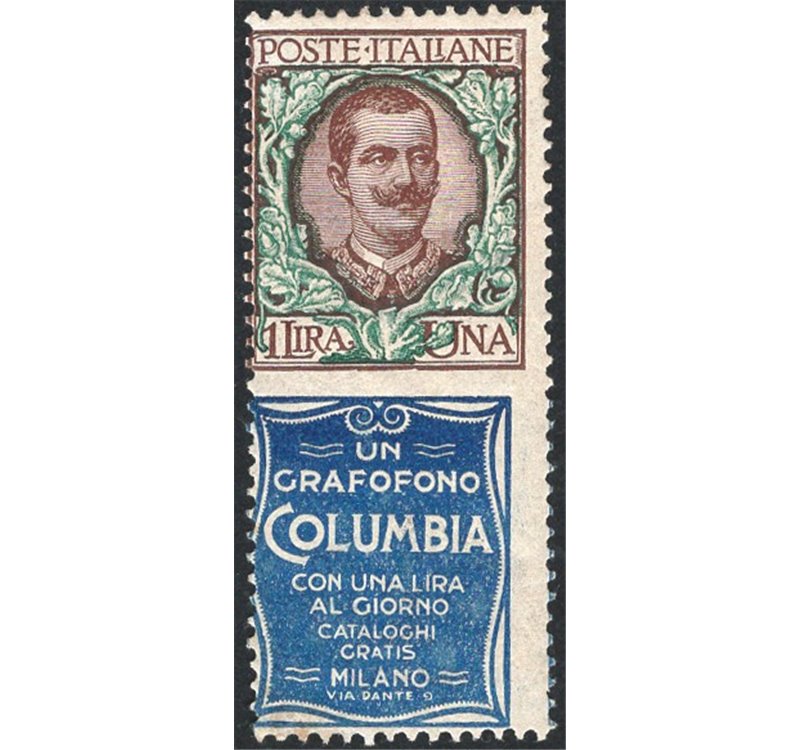 1924 - Pubblicitari Columbia 1 £ bruno e verde, n° 19. Cert.: Carraro. Cat. € 3.600 (**)