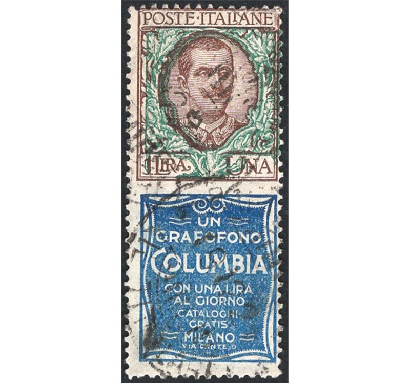1924 - Pubblicitari Columbia 1 £ bruno e verde, n° 19. Firm.: Raybaudi - Chia. Cert.: IC. Cat. € 2.000 (U)