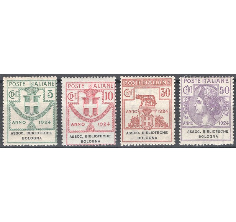 1924 - Parastatali Assoc. Biblioteche Bologna, serie n° 1/4. Cert.: IC. Cat. € 450 (**)