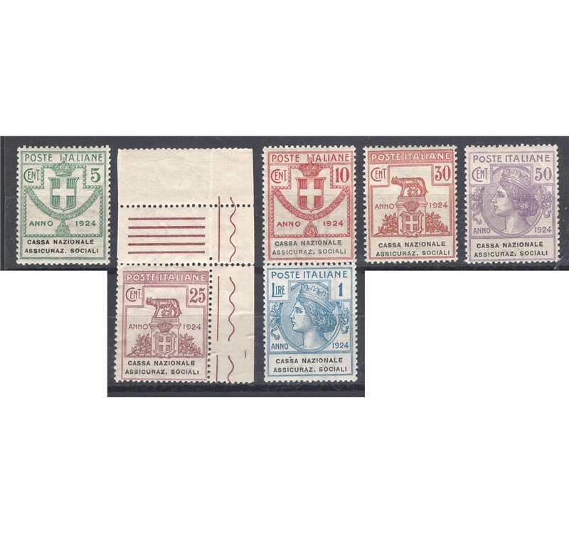 1924 - Parastatali Cassa Naz. Assicur. Sociali, serie n° 24/29 con ottima centratura. Cert.: Biondi. Cat. € 2.000 (**)