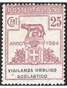 1924 - Parastatali Vigilanza Obbligo Scolastico 25 c. lilla bruno, n° 69. Cert.: IC. Cat. € 350 (**)