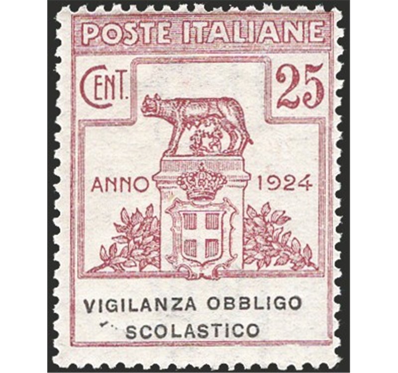 1924 - Parastatali Vigilanza Obbligo Scolastico 25 c. lilla bruno, n° 69. Cert.: IC. Cat. € 350 (**)
