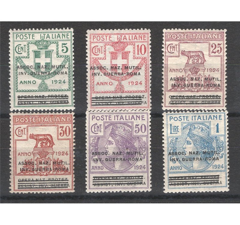1924 - Parastatali Assoc. Nazionale Mutil. Inv. Guerra - Roma, serie n° 70/75 con ottima centratura. Cat. € 760 (**)