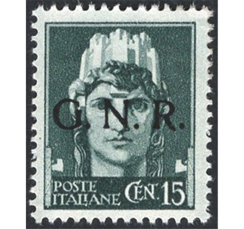 1944 - RSI Imperiale 15 c. soprast. GNR nera invece che rossa, n° 472A. Firm.: Raybaudi - AD. Cert.: Apicella. Cat. € 550 (**)