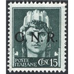1944 - RSI Imperiale 15 c. soprast. GNR nera invece che rossa, n° 472A. Firm.: Raybaudi - AD. Cert.: Apicella. Cat. € 550 (**)