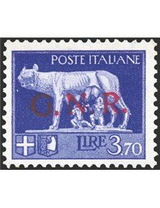 1944 - RSI Imperiale 3,70 £ violetto con soprast. di Verona in rosso anzichè nera, n° 484A. Cert.: Biondi. Cat. € 1.300 (**)
