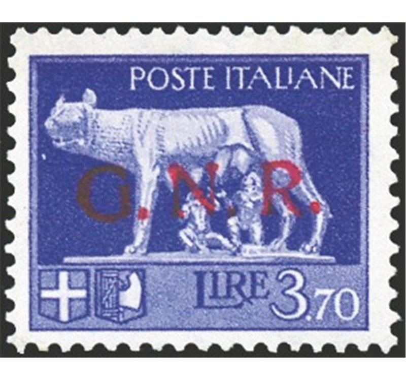 1944 - RSI Imperiale 3,70 £ violetto con soprast. di Verona in rosso anzichè nera, n° 484A. Cert.: Biondi. Cat. € 1.300 (**)
