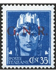 1944 - RSI Imperiale 35 c. azzurro con soprast. di Brescia 1° tipo, n° 476I. Cert.: Carraro. Cat. € 500 (**)