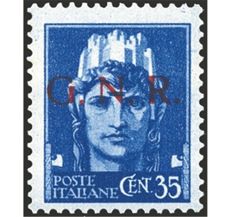 1944 - RSI Imperiale 35 c. azzurro con soprast. di Brescia 1° tipo, n° 476I. Cert.: Carraro. Cat. € 500 (**)