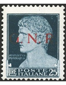 1944 - RSI Imperiale 25 £ nero azzurro con soprast. di Brescia in rosso del 1° tipo, n° 488I. Firm.: G. Oliva. Cert.: Biondi. Ca