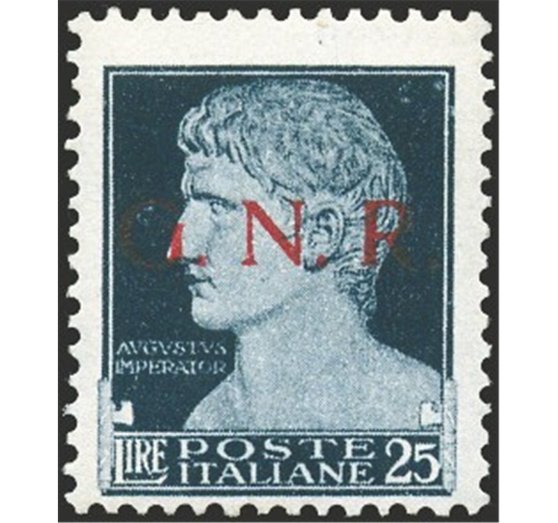 1944 - RSI Imperiale 25 £ nero azzurro con soprast. di Brescia in rosso del 1° tipo, n° 488I. Firm.: G. Oliva. Cert.: Biondi. Ca