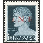 1944 - RSI Imperiale 25 £ nero azzurro con soprast. di Brescia in rosso del 1° tipo, n° 488I. Firm.: G. Oliva. Cert.: Biondi. Ca