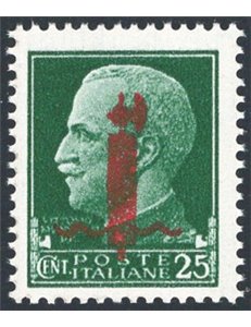 1944 - RSI Imperiale 25 c. verde con soprast. rossa tipo "l", n° 490. Cert.: Biondi. Cat. € 240 (**)