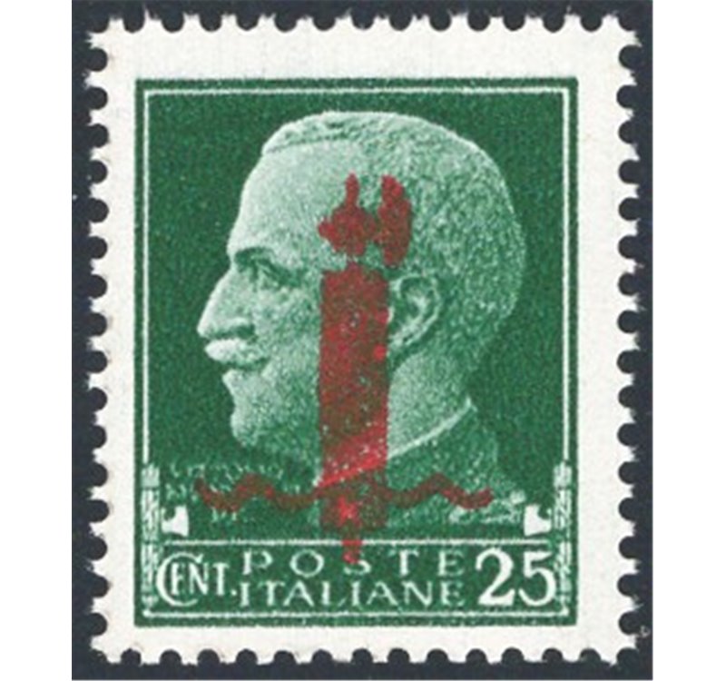 1944 - RSI Imperiale 25 c. verde con soprast. rossa tipo "l", n° 490. Cert.: Biondi. Cat. € 240 (**)