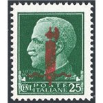 1944 - RSI Imperiale 25 c. verde con soprast. rossa tipo "l", n° 490. Cert.: Biondi. Cat. € 240 (**)