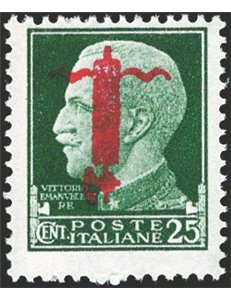 1944 - RSI Imperiale 25 c. verde con fascio rosso capovolto tipo "l", n° 490a. Cert.: Biondi. Cat. € 550 (**)