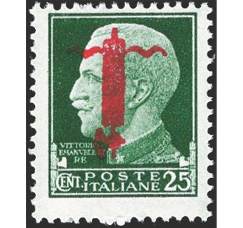 1944 - RSI Imperiale 25 c. verde con fascio rosso capovolto tipo "l", n° 490a. Cert.: Biondi. Cat. € 550 (**)