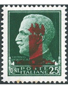 1944 - RSI Imperiale 25 c. verde con doppia soprast. fascio rossa tipo "l", n° 490b. Cert.: Biondi. Cat. € 550 (**)
