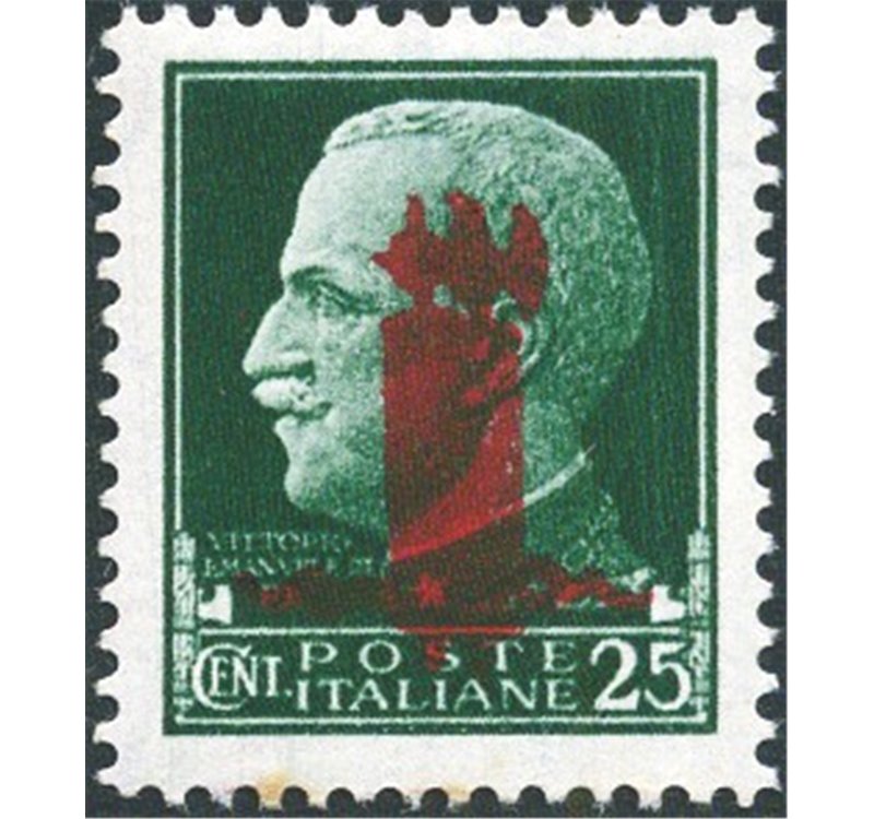 1944 - RSI Imperiale 25 c. verde con doppia soprast. fascio rossa tipo "l", n° 490b. Cert.: Biondi. Cat. € 550 (**)
