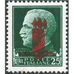 1944 - RSI Imperiale 25 c. verde con doppia soprast. fascio rossa tipo "l", n° 490b. Cert.: Biondi. Cat. € 550 (**)